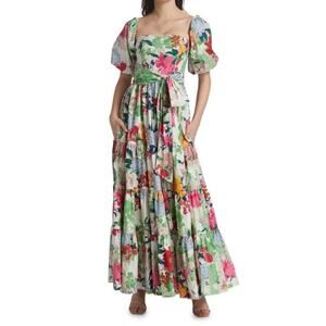 Cara Cara Wethersfield Belted Cotton Poplin Floral Print Tiered Maxi Dress 0